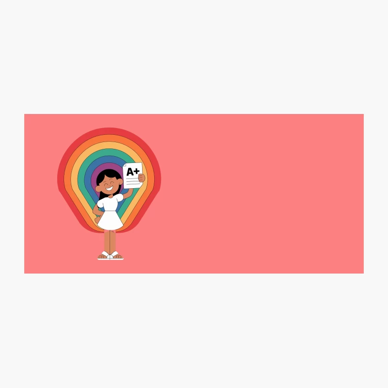 Joyful Student Celebrating A+ Grade Against Rainbow Background Coffee Mug
