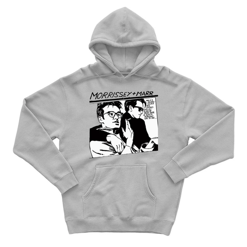 Black and White Comic Style Portrait of Morrissey and Marr with Dark Humor Quote Male Pullover Hoodie