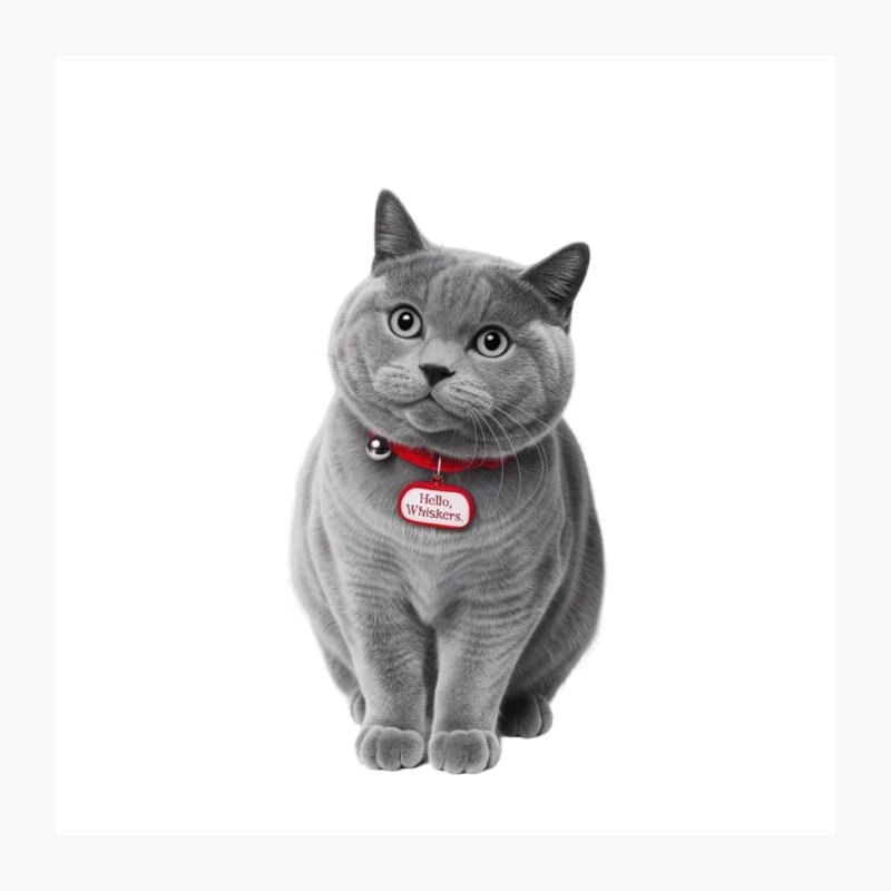 Grey British Shorthair Cat with Red Collar and Name Tag Pin
