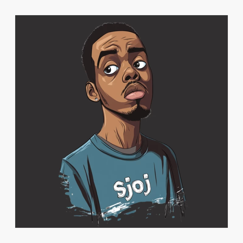 Expressive Cartoon Portrait of African American Man in Blue T-Shirt Pin