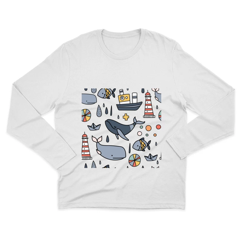 Scène marine ludique avec baleines et phare Homme Manches Longues T-Shirt