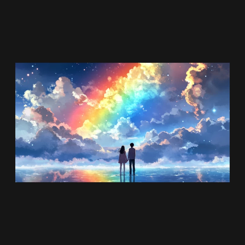 Romantic Silhouettes Beneath a Rainbow Fantasy Sky Desk Mat