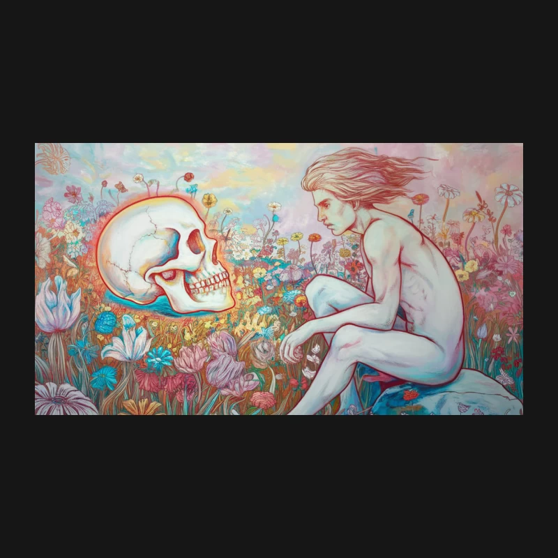 Surreal Encounter: Nude Figure and Skull in Vibrant Flowerscape Desk Mat
