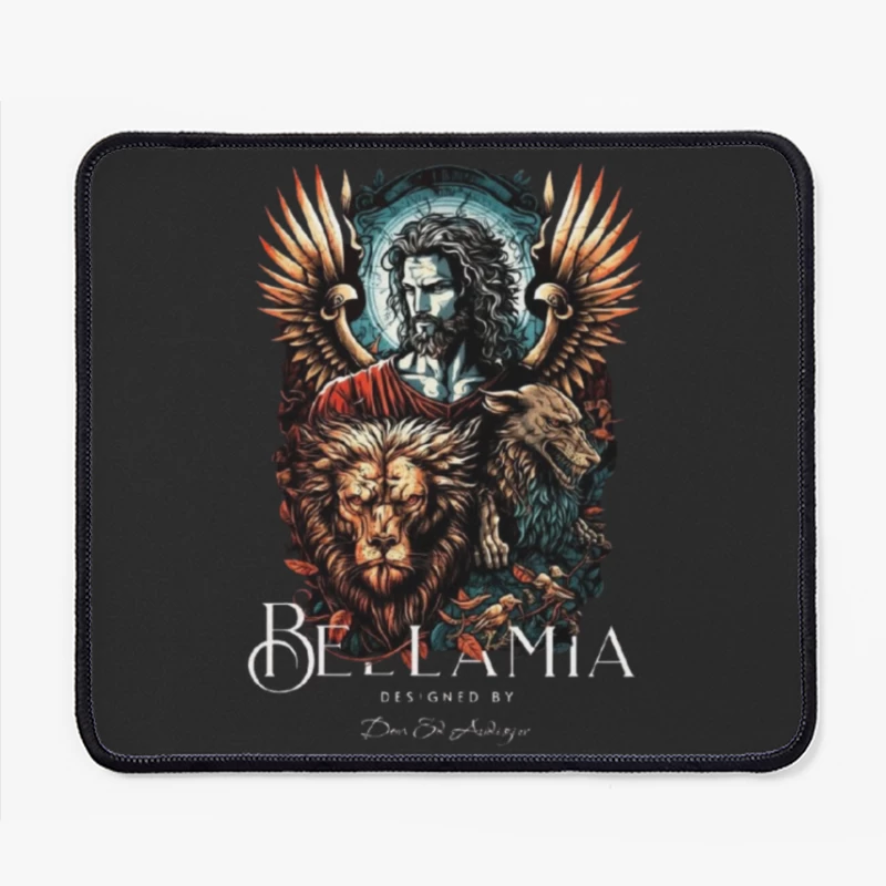 Mystical Religious Gothic Art with Lion and Angel Wings Mouse Pad