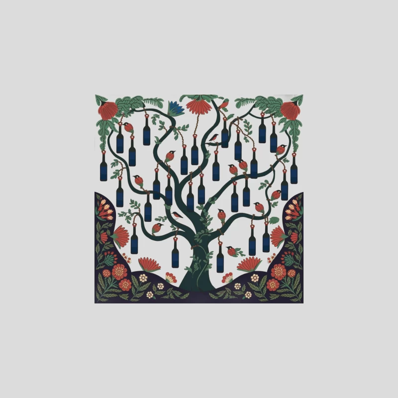 Whimsical Tree of Life with Wine Bottles and Floral Folk Art Design Baseball Cap