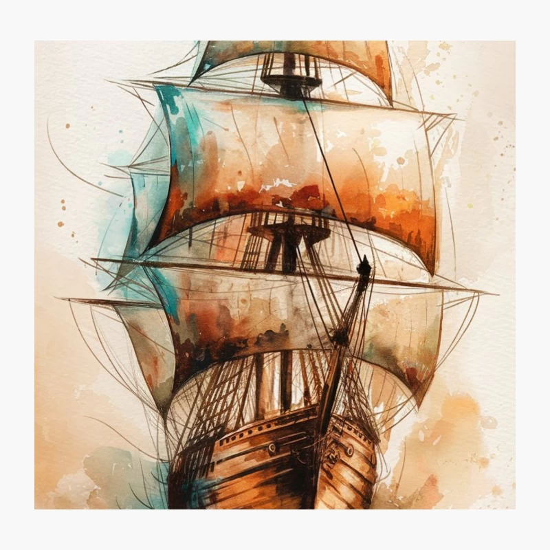 Vintage Watercolor Sailing Ship: A Maritime Artistic Seascape Throw Pillow