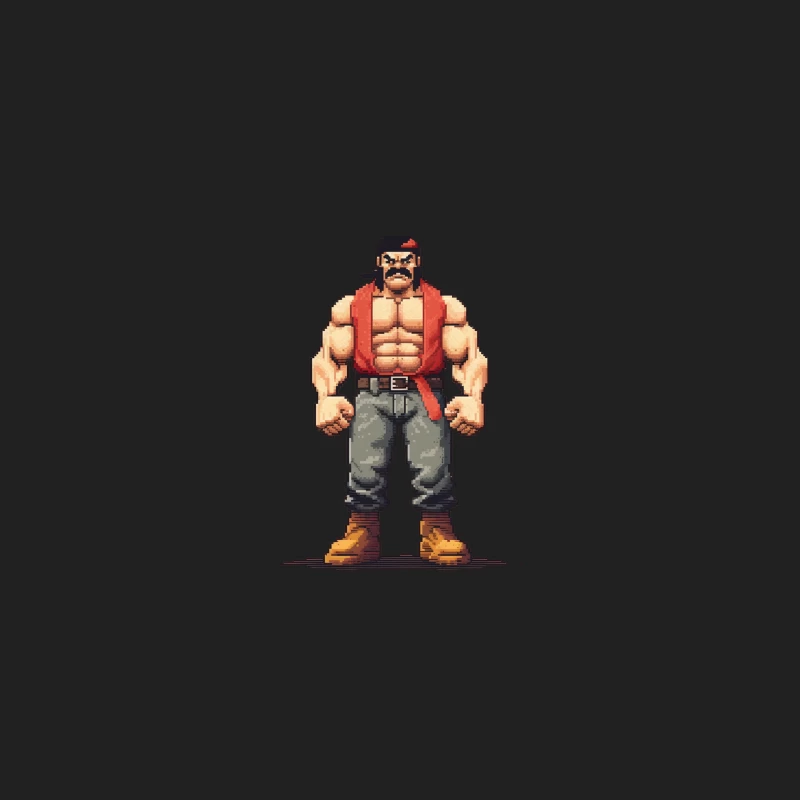 Retro Pixel Art Muscular Fighter in Red Vest Bucket Hat