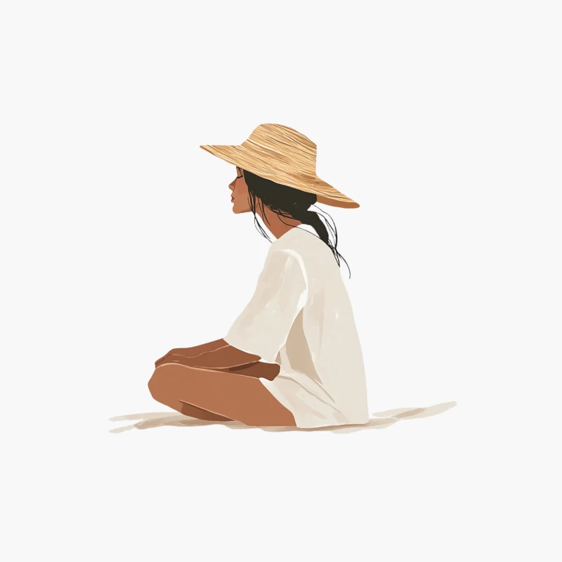 Minimalist Illustration of Woman in Straw Hat and White Dress Cotton Tote Bag