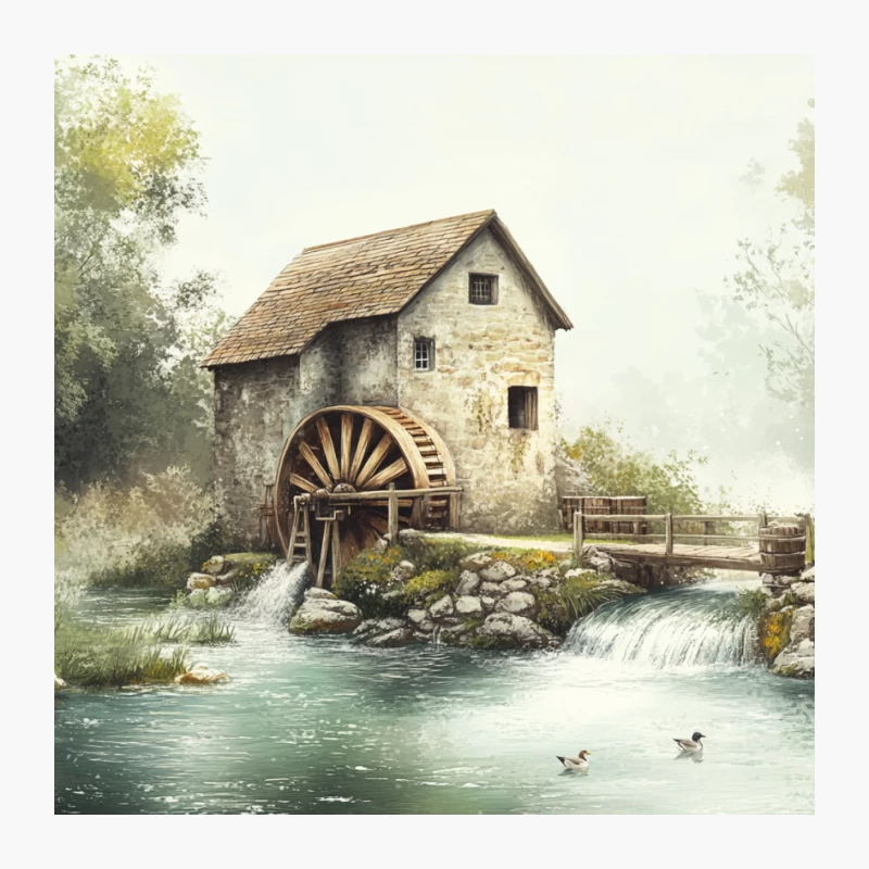 Rustic Watermill by the River: A Serene Rural Landscape Pin