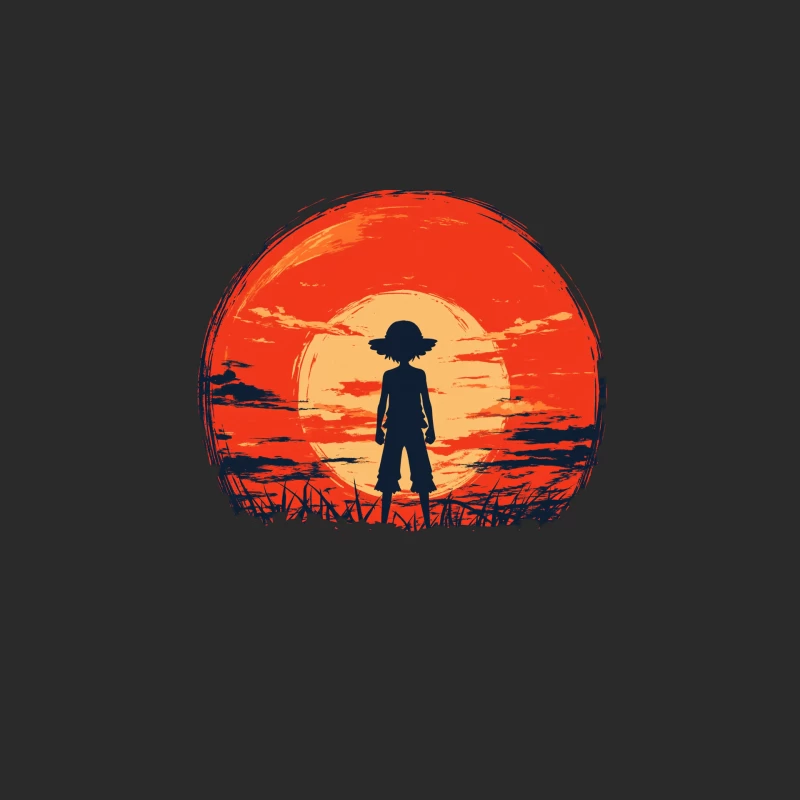 Silhouetted Straw Hat Figure Against Fiery Anime Sunset Baseball Cap