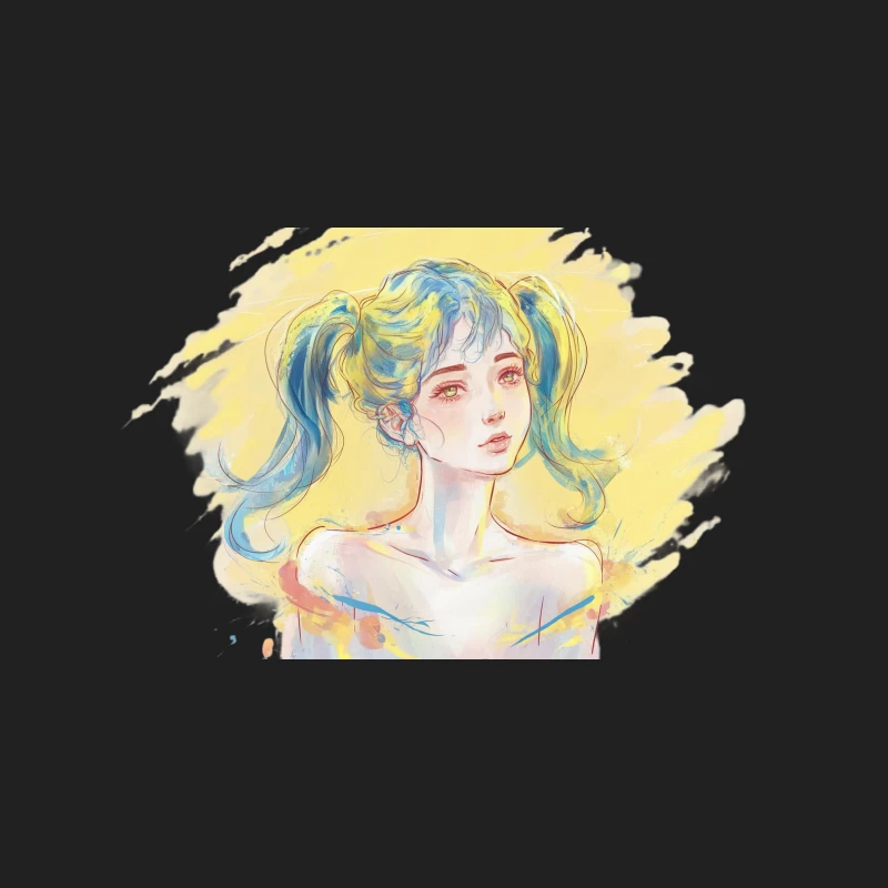 Vibrant Watercolor Portrait of Anime Girl with Colorful Pigtails Bucket Hat