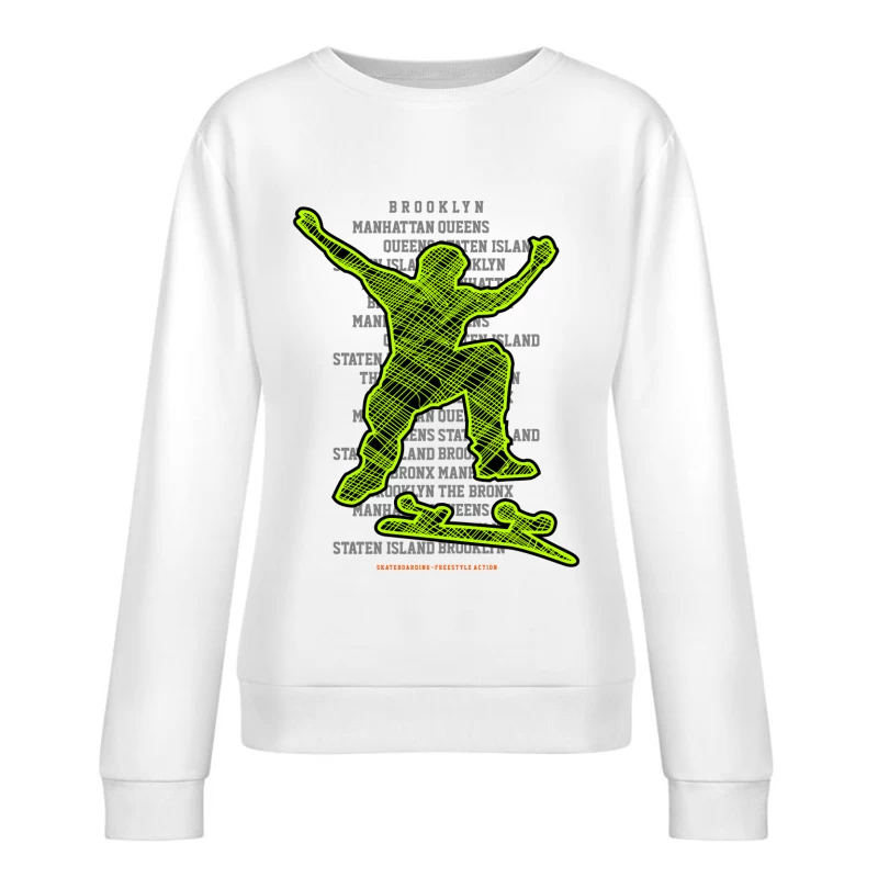 Skateboarder-Silhouette mit Stadttext Damen Pullover Sweatshirt