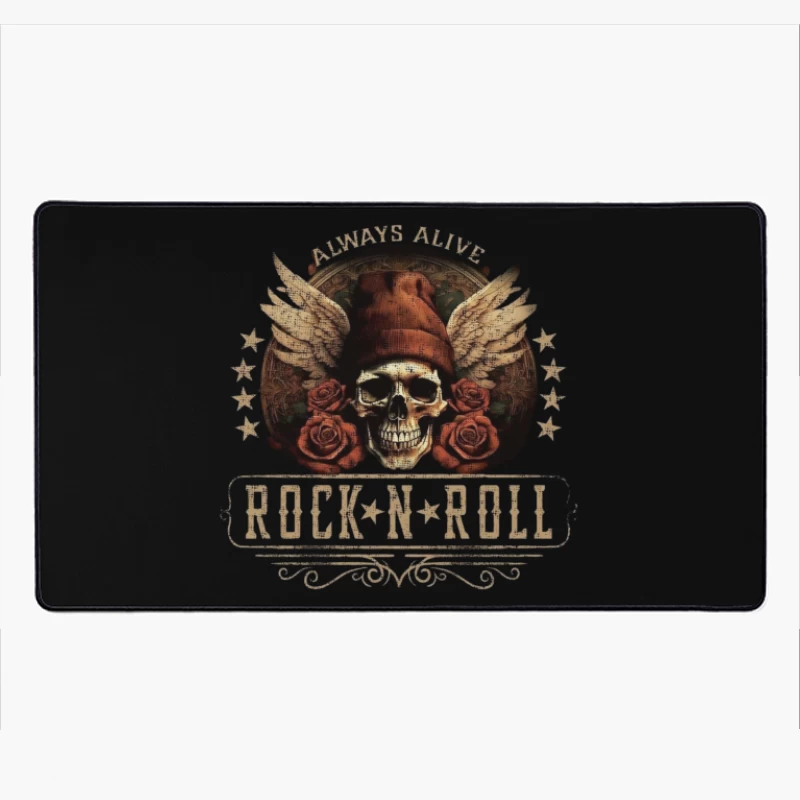 Rock and Roll Skull with Wings and Roses Desk Mat