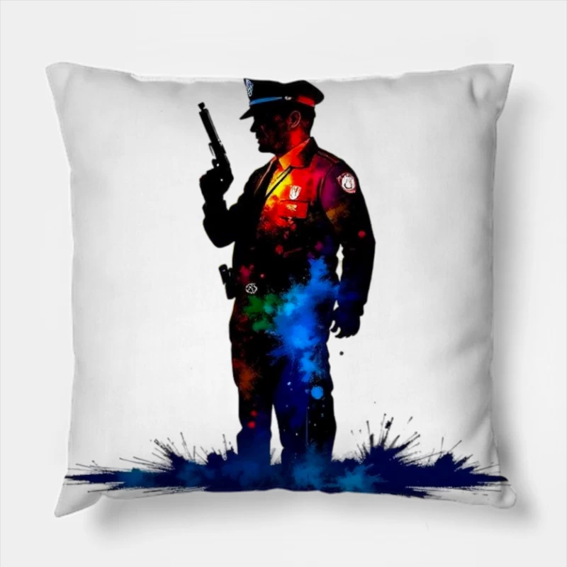 Artistic Watercolor Police Officer Silhouette Throw Pillow