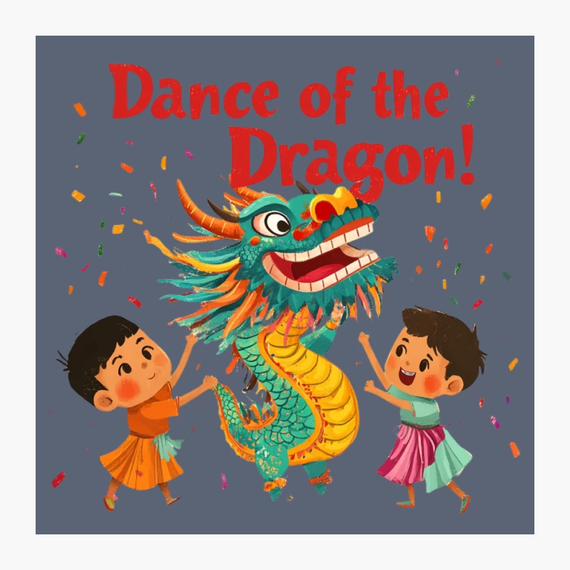 Joyful Children Celebrate Chinese Dragon Dance in Colorful Festive Illustration Pin
