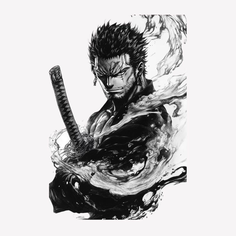 Intense Samurai Warrior: Dynamic Black and White Anime Art Female T-Shirt