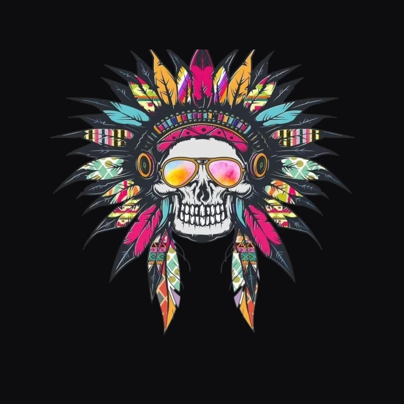 Colorful Skull with Headdress and Sunglasses Tapestry