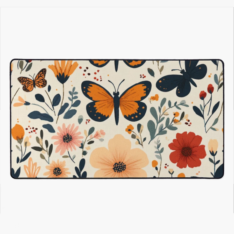 Vibrant Butterfly and Floral Vintage-Inspired Illustration Desk Mat