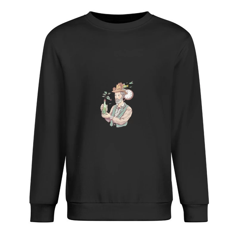 Whimsical Illustration of Bearded Man with Surreal House Hat Male Pullover Sweatshirt