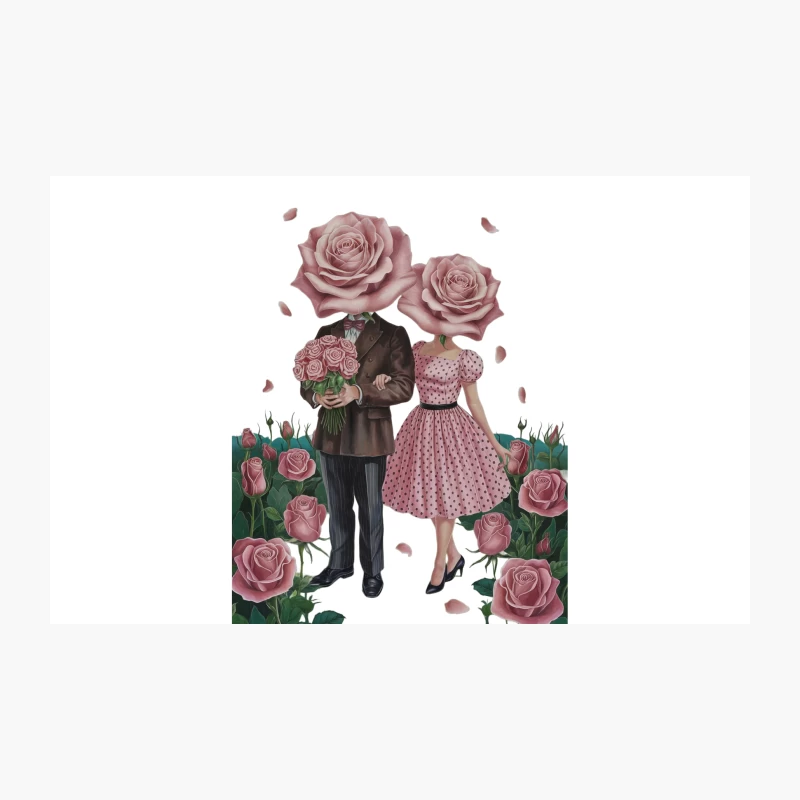 Surreal Rose-Headed Couple in Vintage Attire Amidst Romantic Flower Field Travel Mug