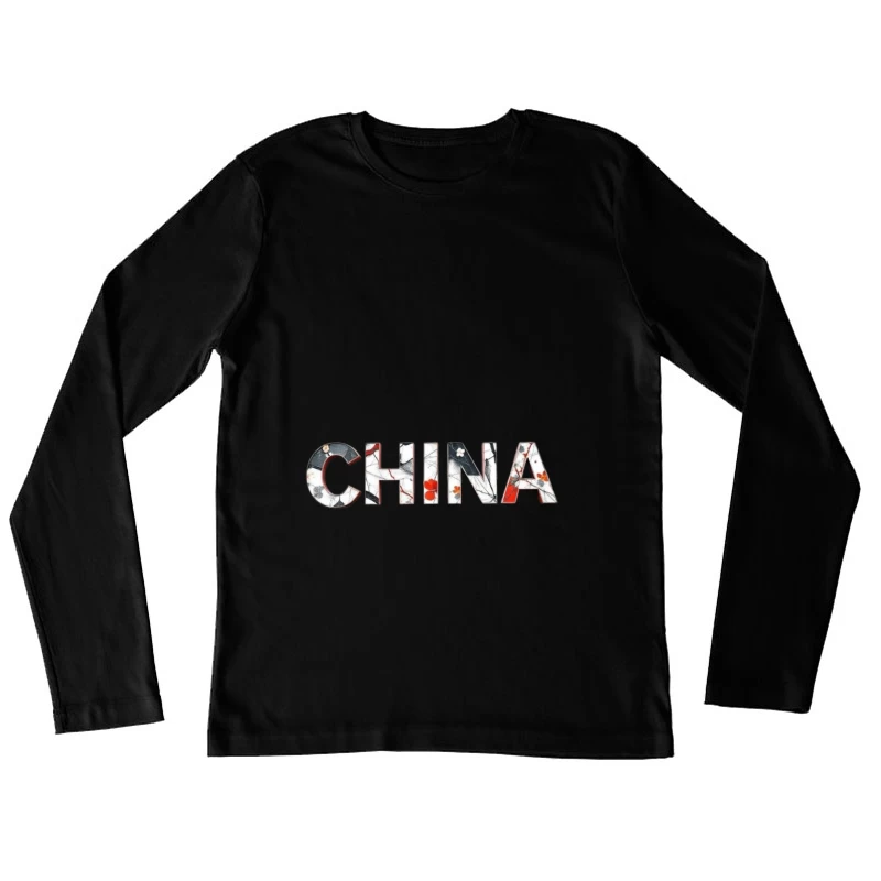 Artistic China Typography with Oriental Floral Design Female Long Sleeve T-Shirt