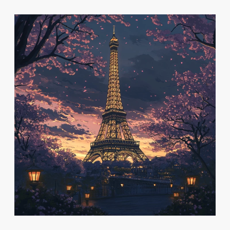 Romantic Parisian Sunset: Eiffel Tower Framed by Cherry Blossoms Pin