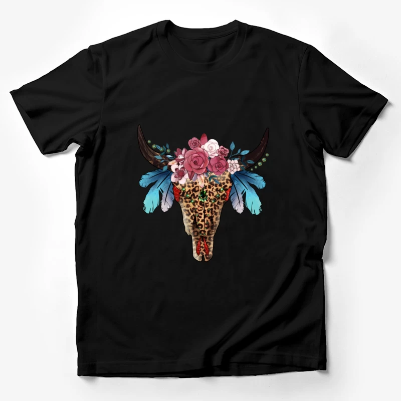 Verzierter Stierschädel mit Blumen und Federn Herren T-Shirt