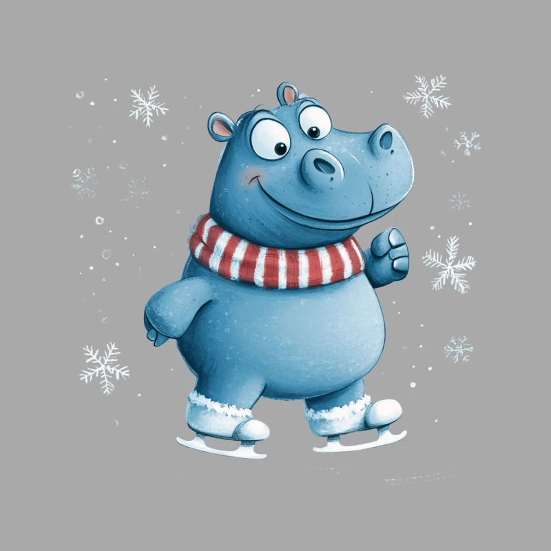 Cute Cartoon Hippo Ice Skating in Winter with Red Striped Scarf Female Pullover Hoodie