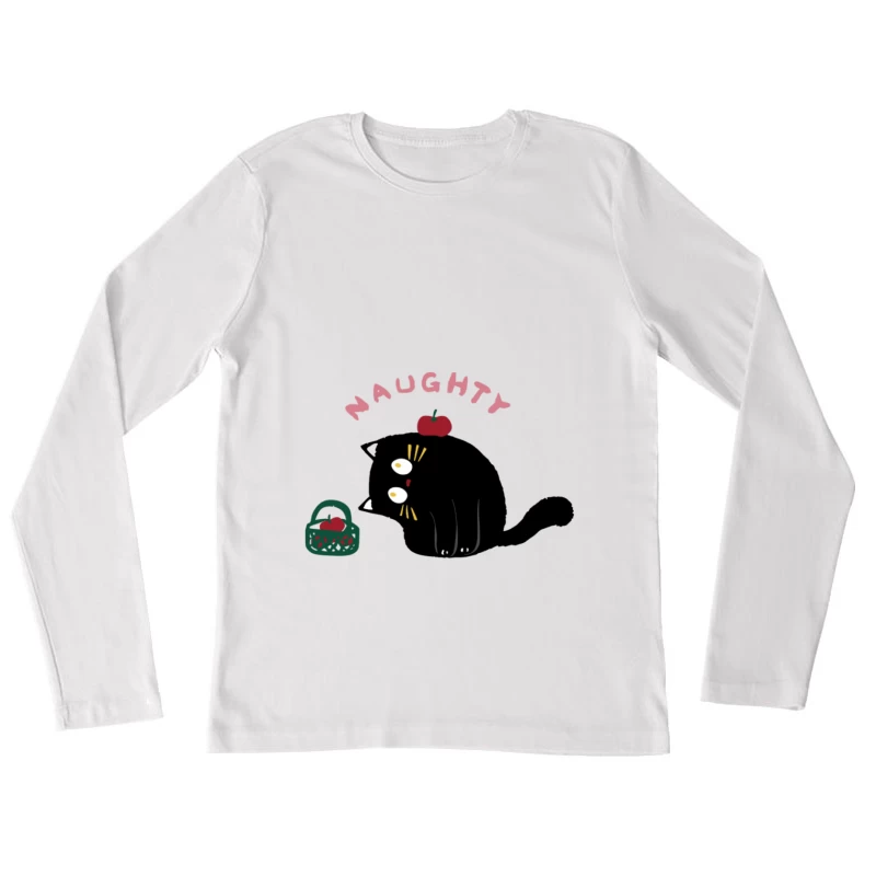 Verspielte schwarze Katze mit Apfel Damen Langarm T-Shirt
