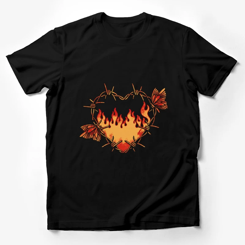 Herz aus Stacheldraht mit Flammen und Schmetterlingen Herren T-Shirt