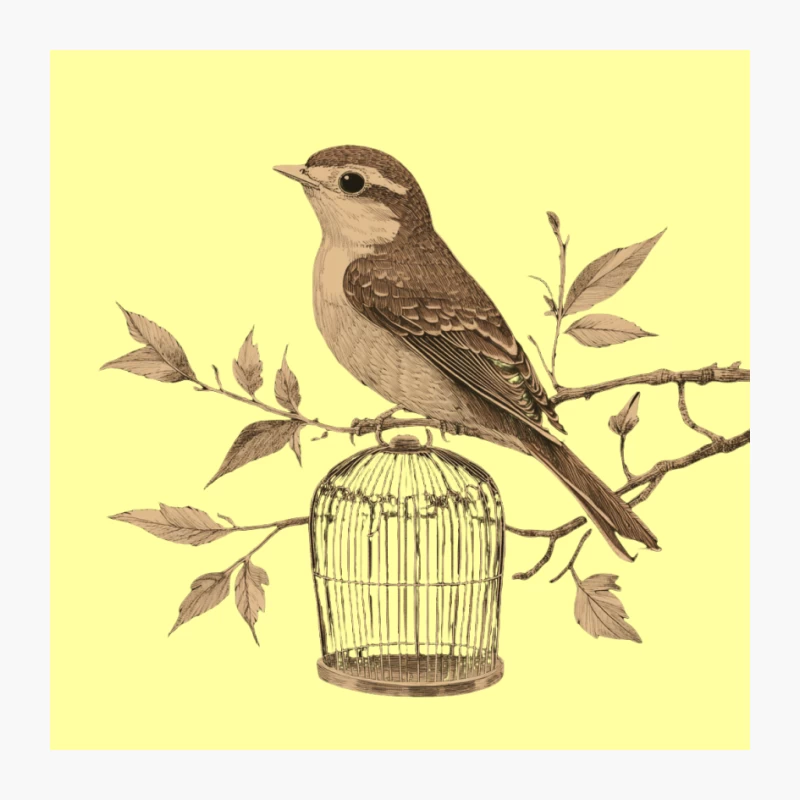 Vintage Illustration of Bird Perched on Branch with Birdcage Pin