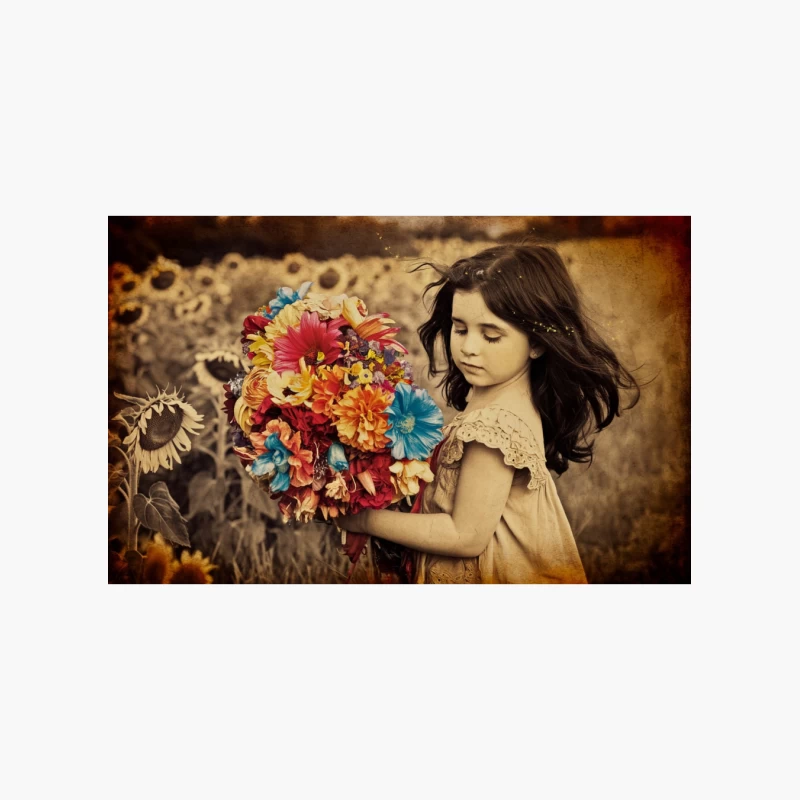 Innocent Girl with Vibrant Bouquet in Sunflower Field Cotton Tote Bag