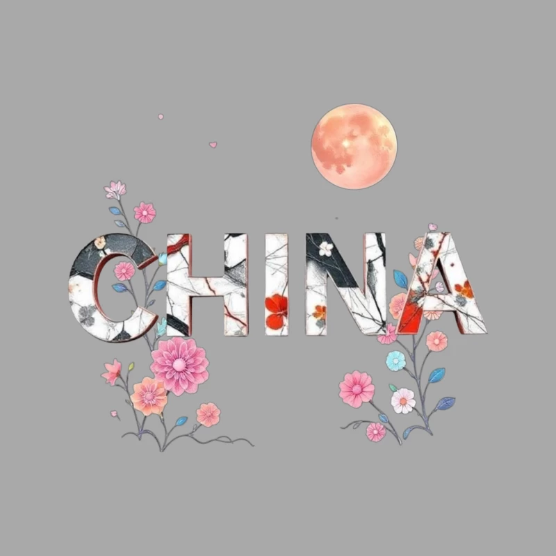 Floral Chinese Typography with Pink Moon and Cherry Blossoms Male Pullover Hoodie