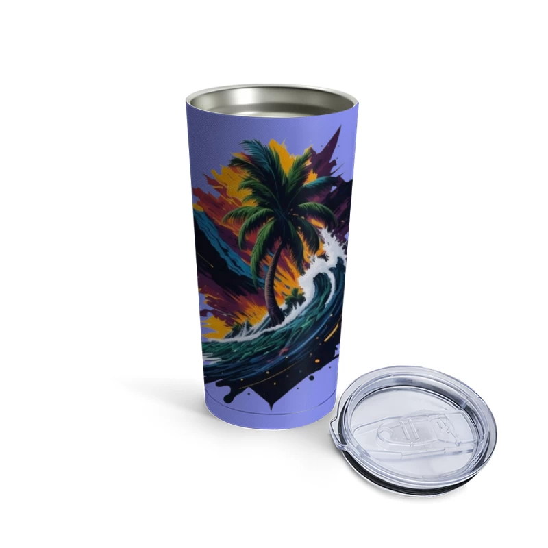 Tropical Sunset with Palm Tree and Ocean Waves Travel Mug