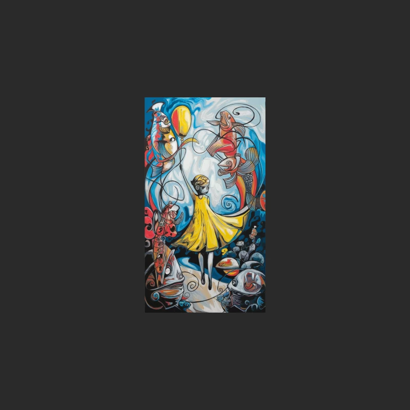 Whimsical Surrealist Scene with Yellow-Dressed Figure and Abstract Shapes Baseball Cap