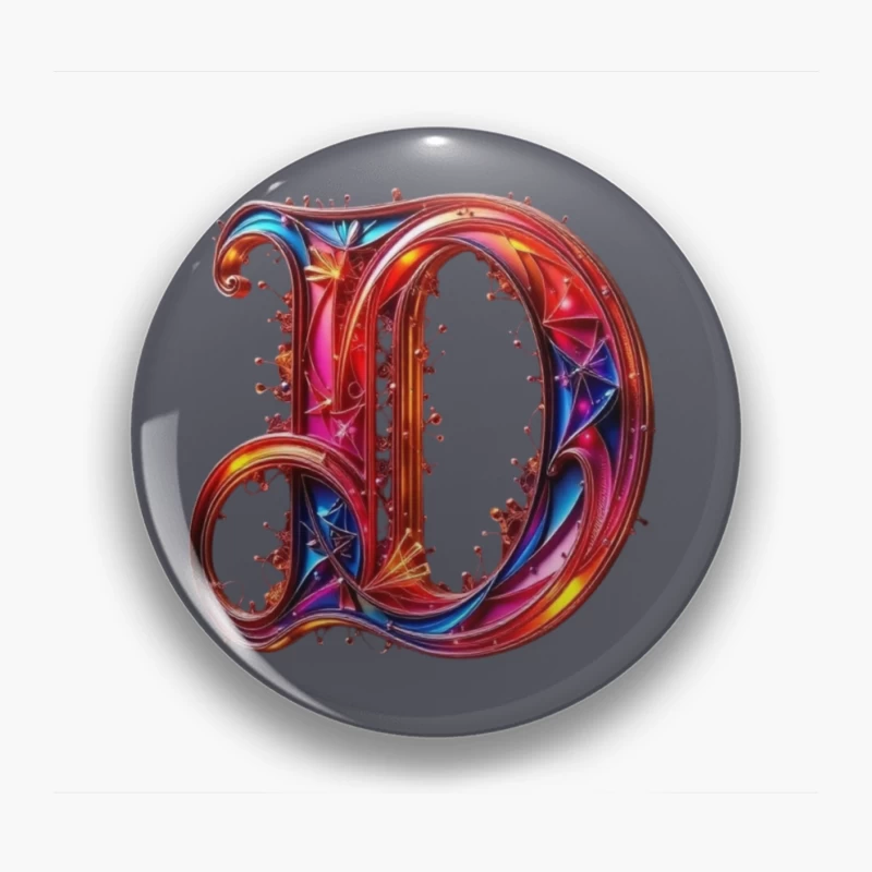 Ornate Gothic Letter D with Vibrant Red and Blue Design Pin