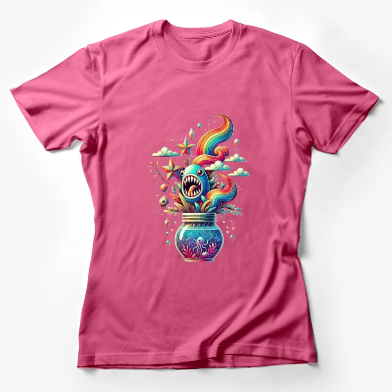 Whimsical Rainbow Sea Monster in a Magical Glass Jar Female T-Shirt