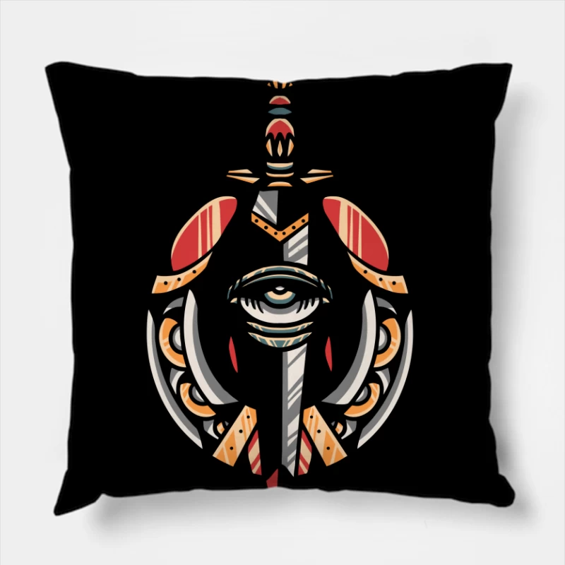 Fantasy Shield with Sword and Eye Emblem Throw Pillow