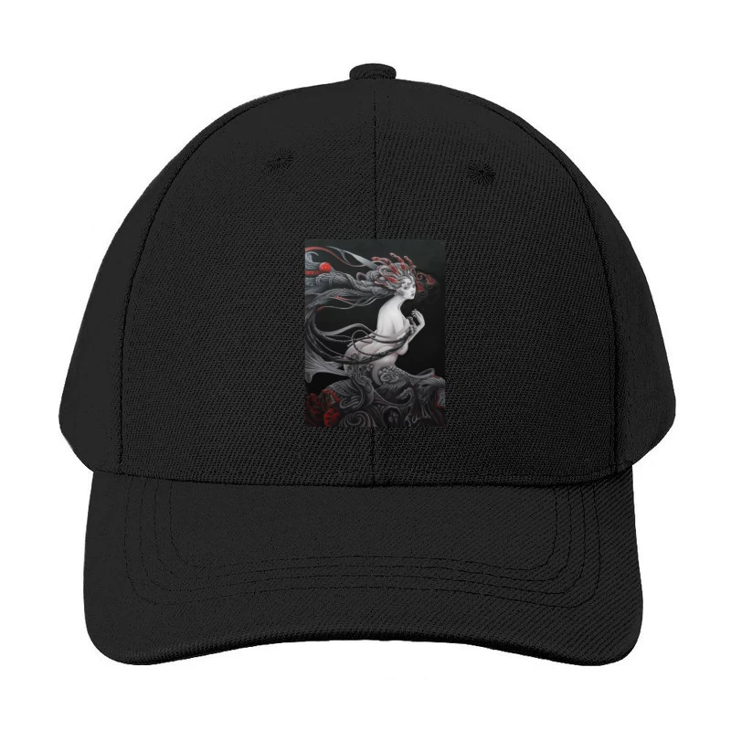 Surreal Monochrome Fantasy: Tentacled Mythical Being with Red Accents Baseball Cap