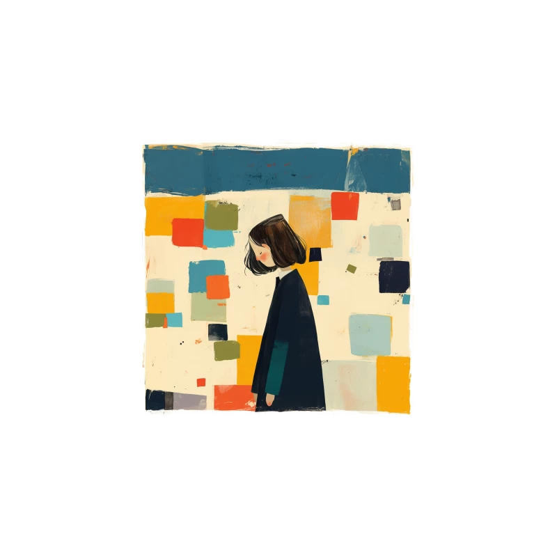 Minimalist Illustration of Figure in Black Coat Against Colorful Abstract Squares Desk Mat