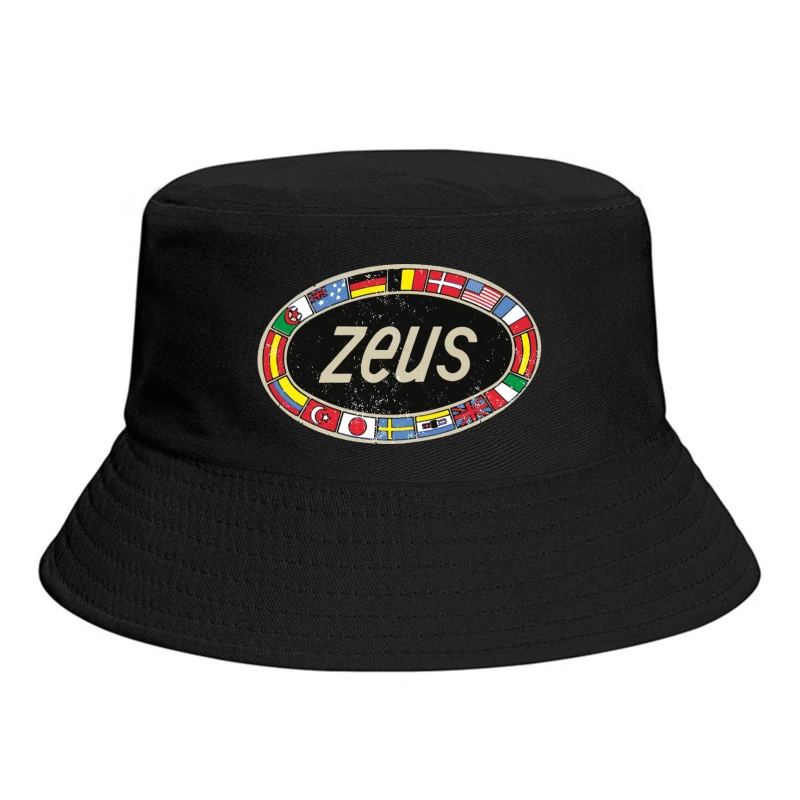 Zeus International Vintage Logo with National Flags Border Bucket Hat