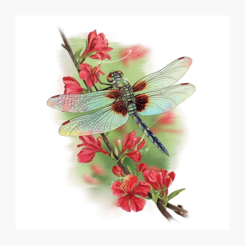 Dragonfly Perched on Red Blossoms: A Natural Illustration Pin