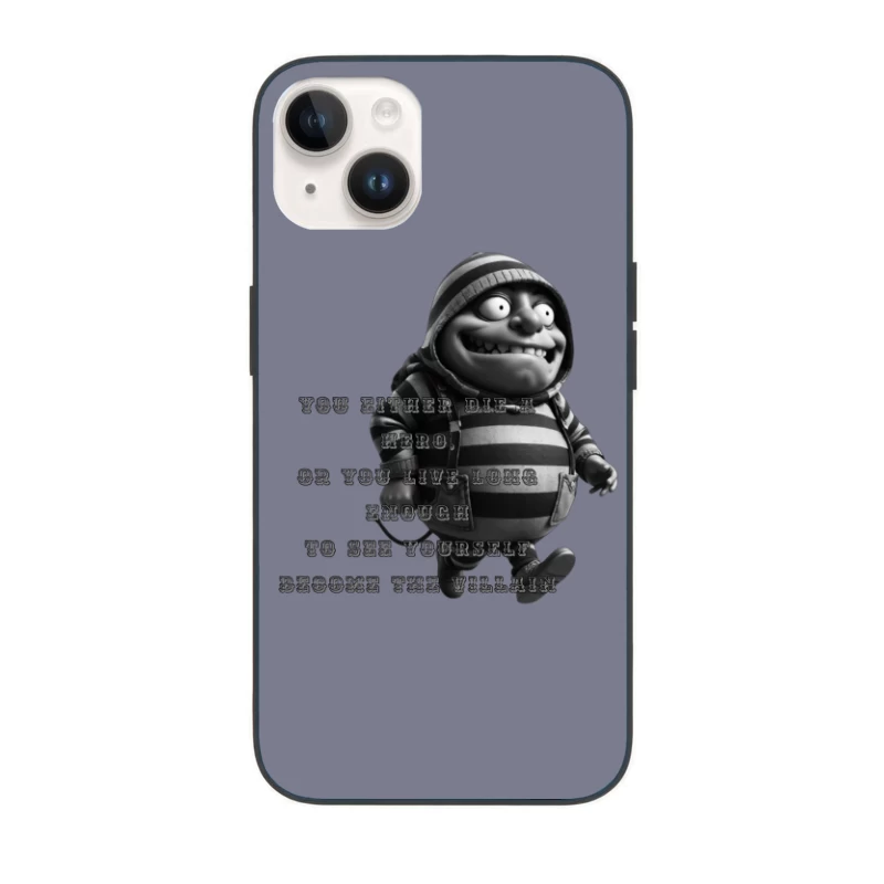 Dark Humorous Villain Quote with Animated Character in Black and White iPhone Case