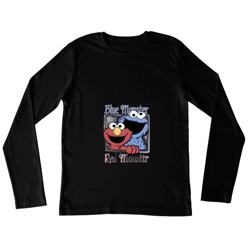 Blaues und rotes Monster Zeichnung Damen Langarm T-Shirt