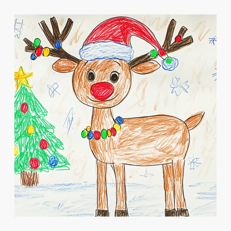 Child's Drawing of Rudolph the Reindeer with Christmas Tree Pin