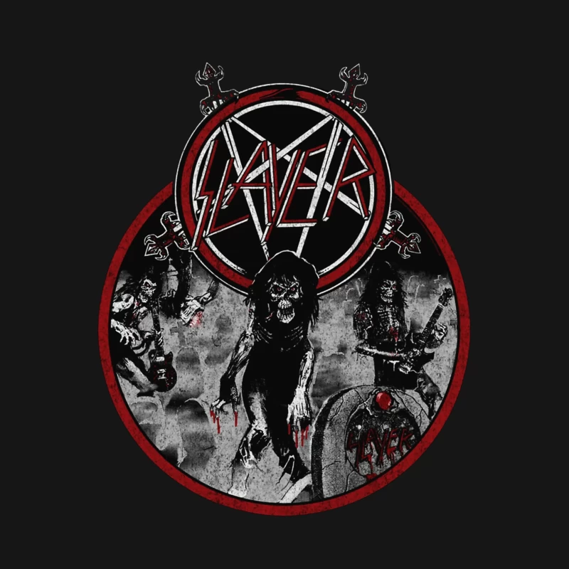 Slayer Heavy Metal Band Logo with Dark Horror-Themed Artwork Male T-Shirt