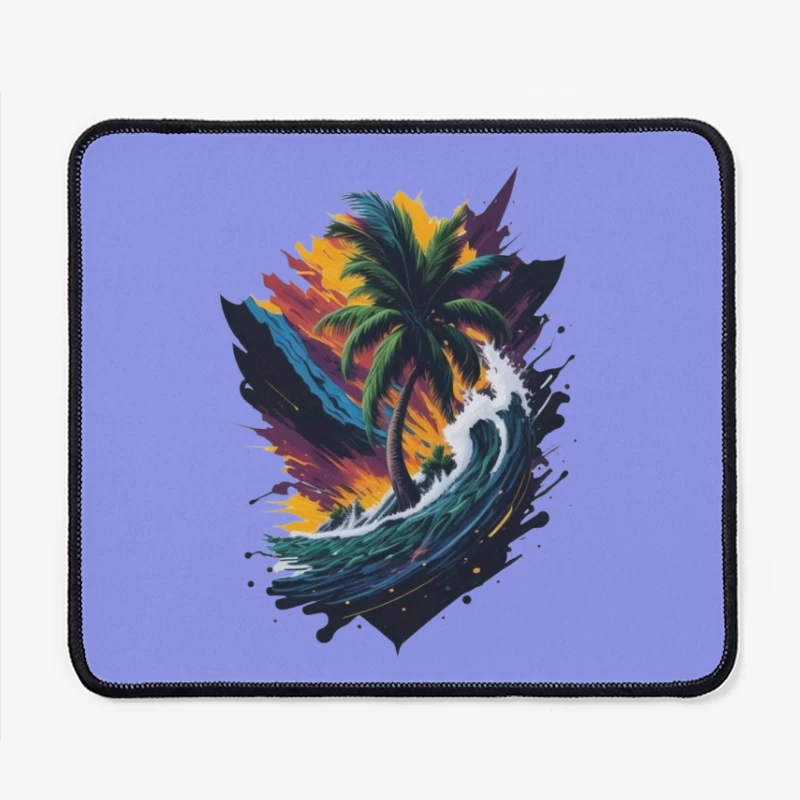 Tropical Sunset with Palm Tree and Ocean Waves Mouse Pad