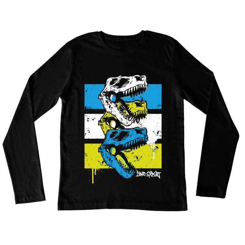 Layered T-Rex Skulls: Grunge Street Art Aesthetic Female Long Sleeve T-Shirt