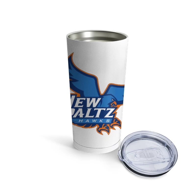 New Paltz Hawks Athletic Logo with Blue Hawk Mascot Travel Mug