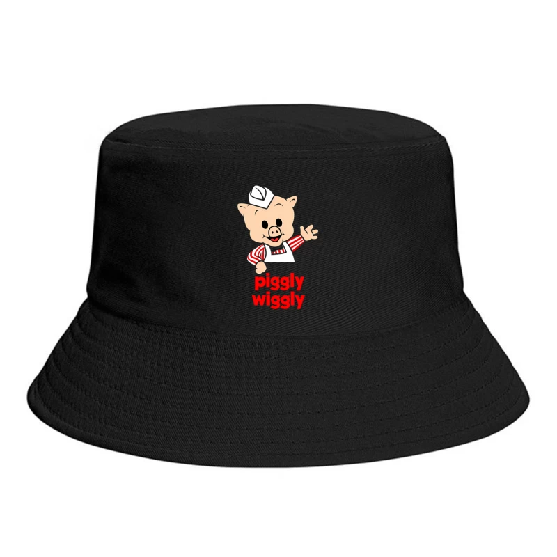 Piggly Wiggly Grocery Store Cartoon Pig Mascot Logo Bucket Hat